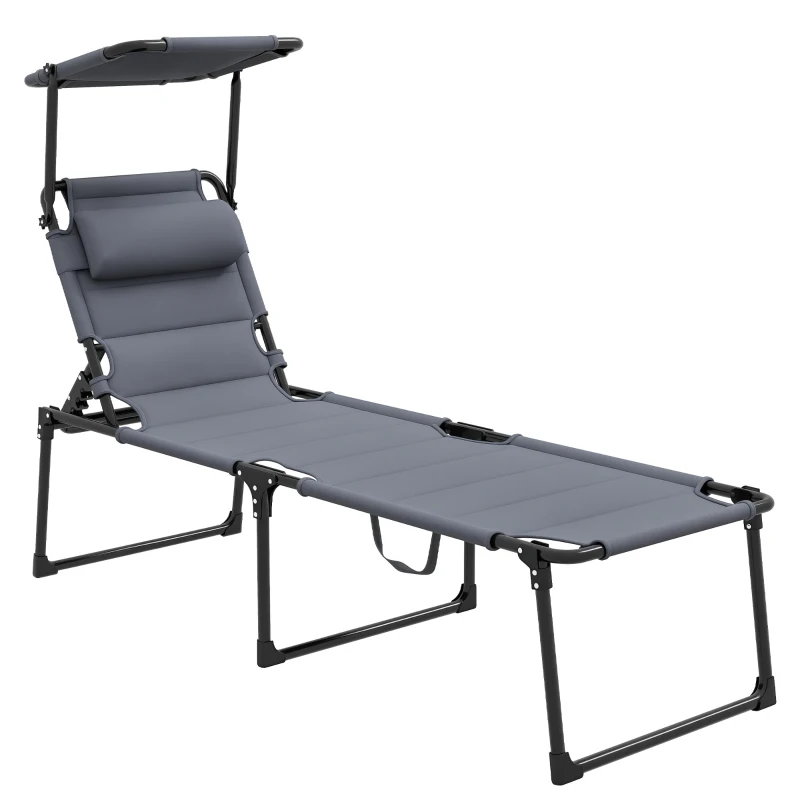 Outsunny Outdoor Lounge Chair, 4 Position Adjustable Backrest, Folding, Cushioned w/ Sun Shade Roof & Pillow, Gray