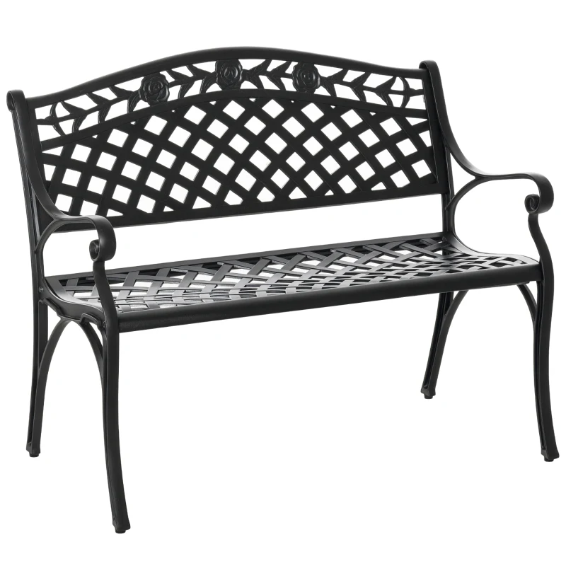 Outsunny Outdoor Garden Bench, 40" Patio Bench with Aluminum Frame and Armrests, 2-Person Patio Loveseat with Floral Pattern for Park, Porch, Yard, Lawn, 485 LBS Capacity