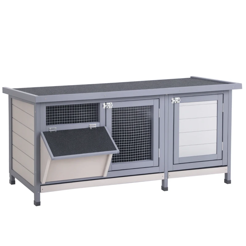 PawHut Wooden Rabbit Hutch Bunny Hutch Cage Guinea Pig with Waterproof Roof, No Leak Tray and Feeding Trough, for Rabbits, Chickens, Ducks, Indoor/Outdoor, Gray