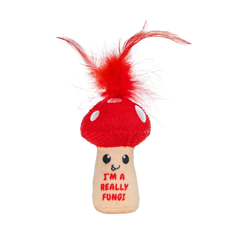 Catstages Mushroom Kicker Toy with Catnip, Dental Mesh, Plush and Feather Cat Toy for Kicking, Tossing, Teeth Cleaning, 3" L x 3" W x 5" H, Red