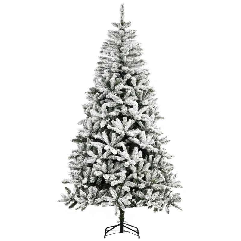 HOMCOM 7.5' Tall Unlit Snow Flocked Pine Artificial Christmas Tree with Realistic Branches, Green