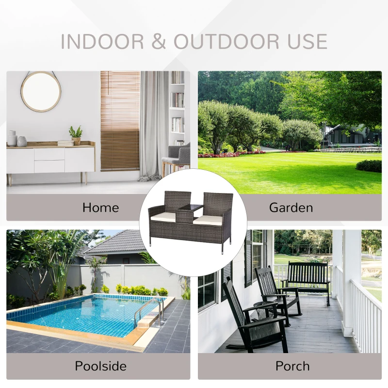 Outsunny 2 Seat Rattan Wicker Chair with Cushion Garden Bench with Tea Table Backyard All Weather Padded Seat Grey