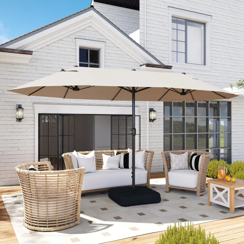 Outsunny 15' Outdoor Patio Umbrella with Twin Canopy Sunshade Steel Table Umbrella with Lift Crank, Cross base, Sandbag, Khaki