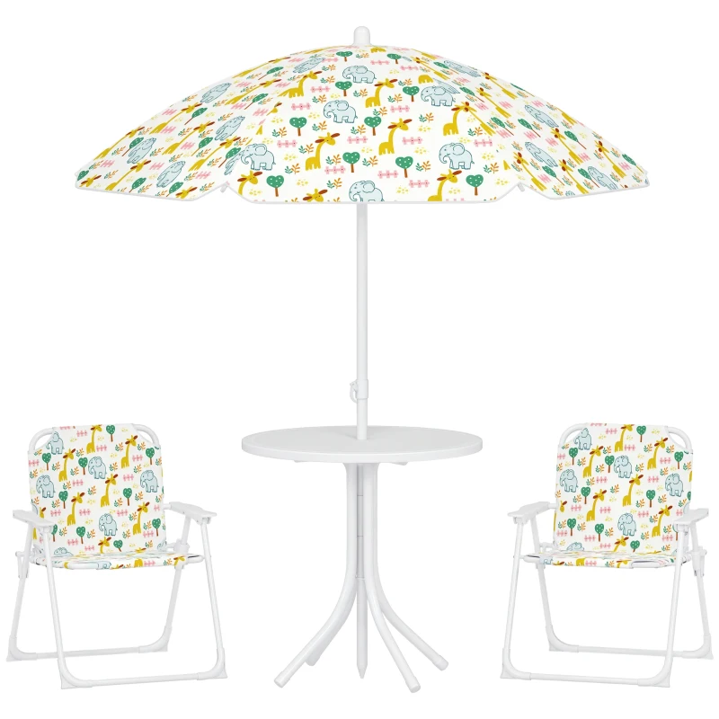 Qaba Kids Picnic Table and Chair Set, Outdoor Activity Table with Foldable Chairs, Removable Umbrella for Backyard, White