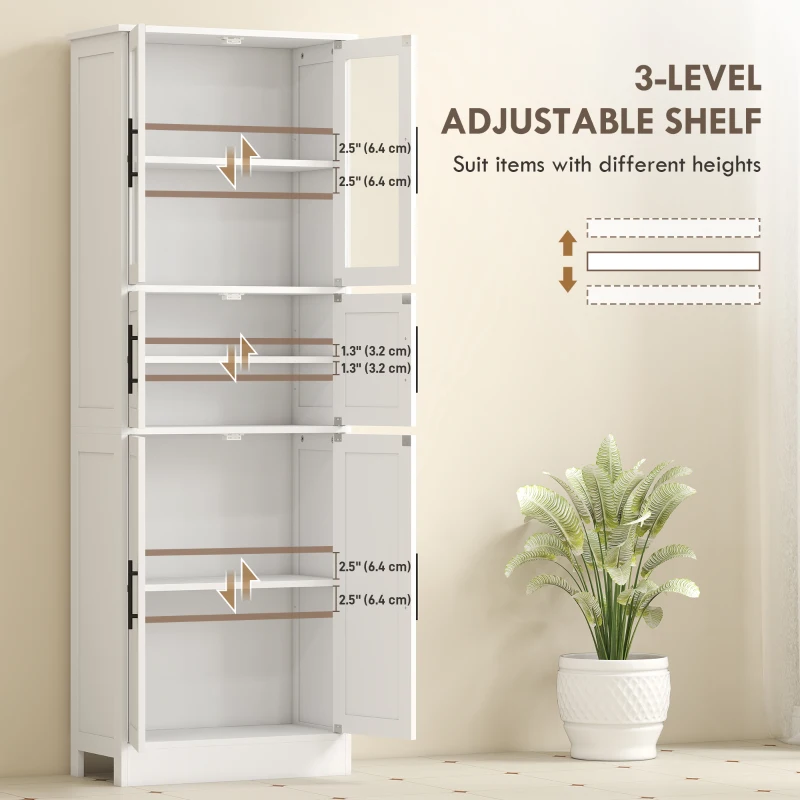 HOMCOM 67" Tall Bathroom Storage Cabinet, Modern Freestanding Bathroom Cabinet with Glass Doors and Adjustable Shelves, White