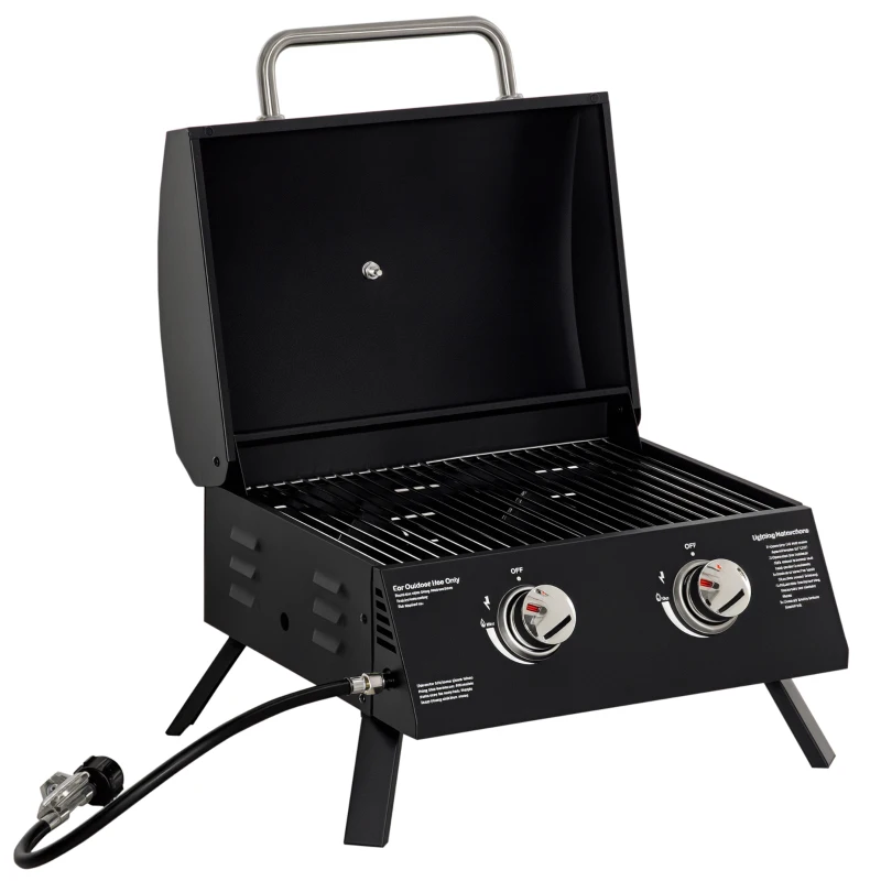 Outsunny 2 Burner Propane Gas Grill, Outdoor Portable Tabletop BBQ with Foldable Legs, 10000 Each Burner, Lid, for Camping, Picnic, Backyard, Black