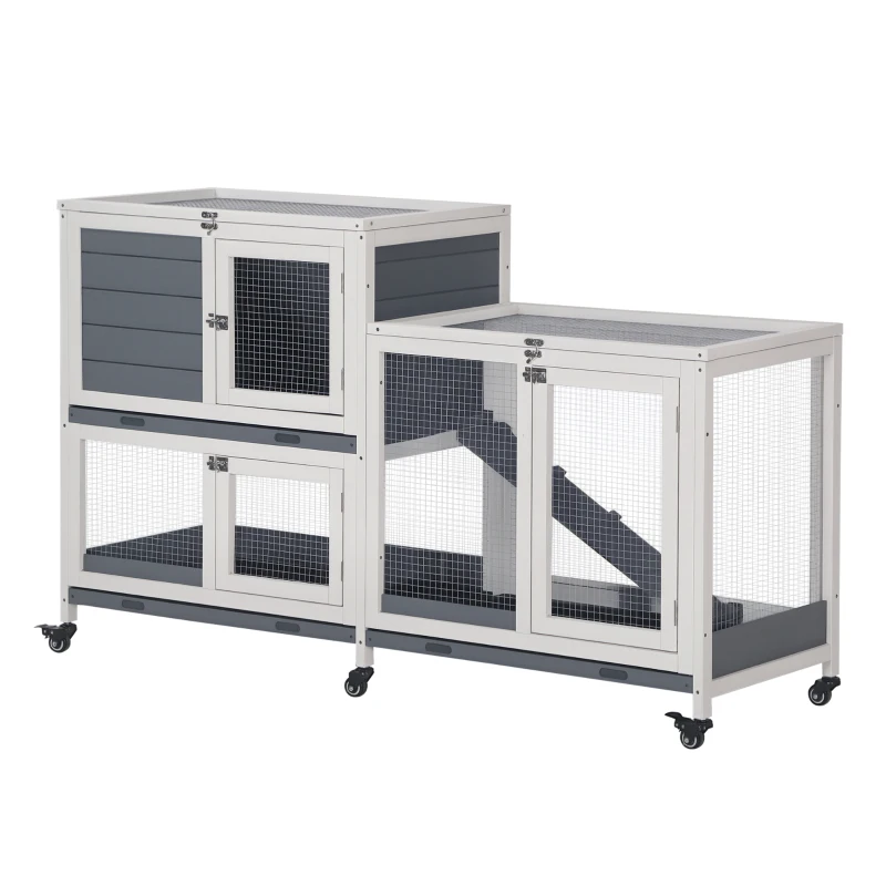 PawHut Wooden Rabbit Hutch Bunny Hutch Elevated Pet House Cage Small Animal Habitat with No Leak Tray Lockable Door Openable Top for Indoor 57.75" x 18" x 32.5" Gray