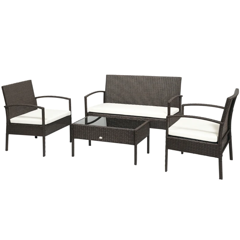 Outsunny 4 Pieces Patio Furniture Set with A Loveseat, Two Armchairs and A Coffee Table, Outdoor Conversation Set with Glass Top Table, Brown