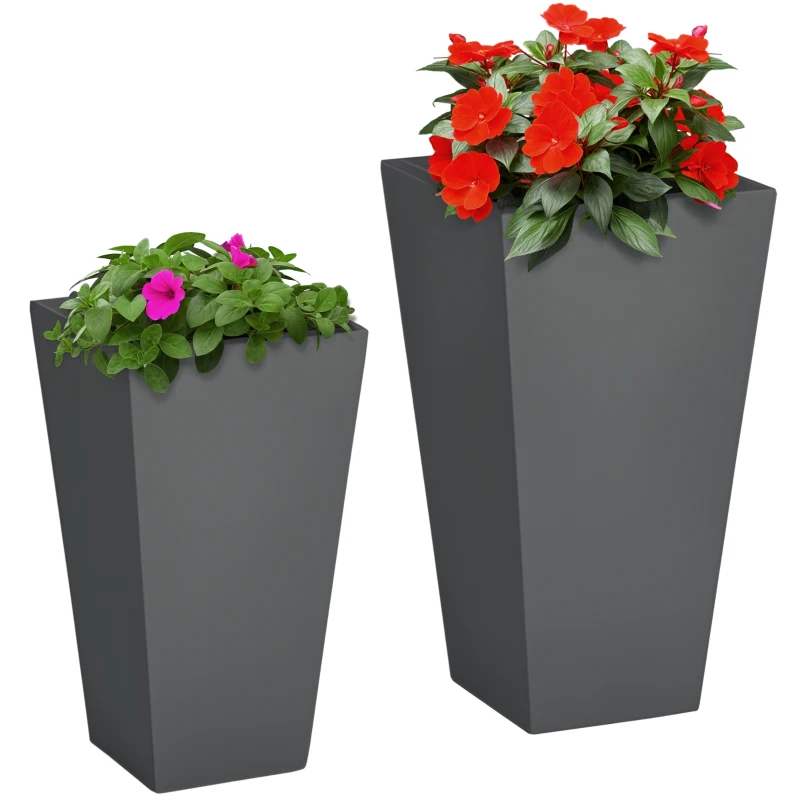 Outsunny Set of 2 Tall Planters with Drainage Holes, 22" / 18" Outdoor Flower Pots for Patio, Yard, Garden, Grey