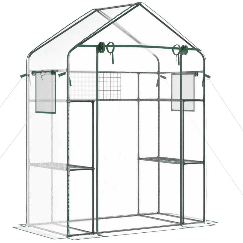 Outsunny Walk-in Greenhouse with 4 Shelves, 56" x 29" x 77" Mini Greenhouse ,Roll-Up Door, Mesh Windows for Seedling, Flowers, Plant Growing, Clear