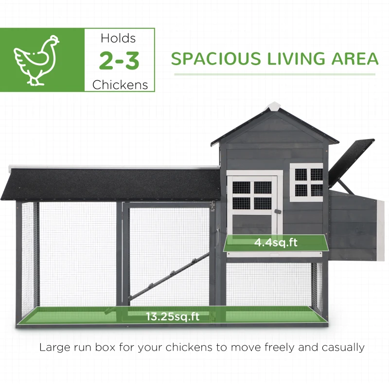 PawHut 84" Wooden Chicken Coop, Hen House Outdoor with Run Nesting Box, Asphalt Roof, Removable Tray, Ramp, Poultry Cage for 2-3 Chickens, Gray(m-4)