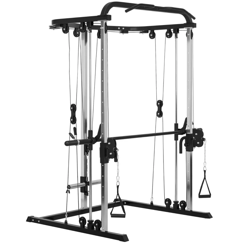 Soozier 3 In 1 Smith Machine Power Rack with Cable Crossover System, Pull up Station, 16-Level Squat Rack and Barbell Bar