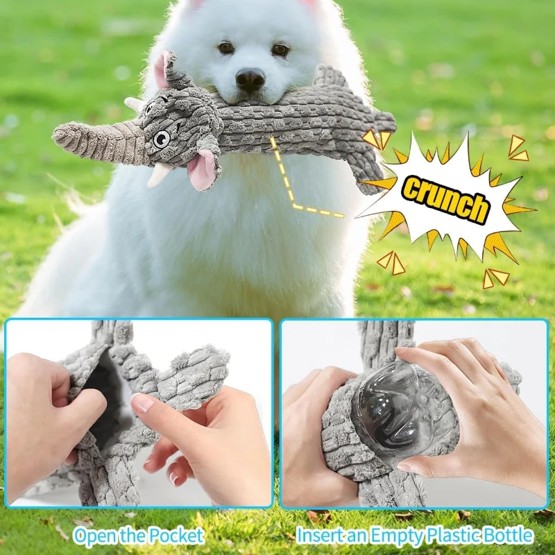 Squeaky Plush No Stuffing Crinkle Dog Toy for All Breed Sizes, Interactive Puppy Teething Water Bottle Chew Toy, 9" L x 1" W x 18" H, Gray