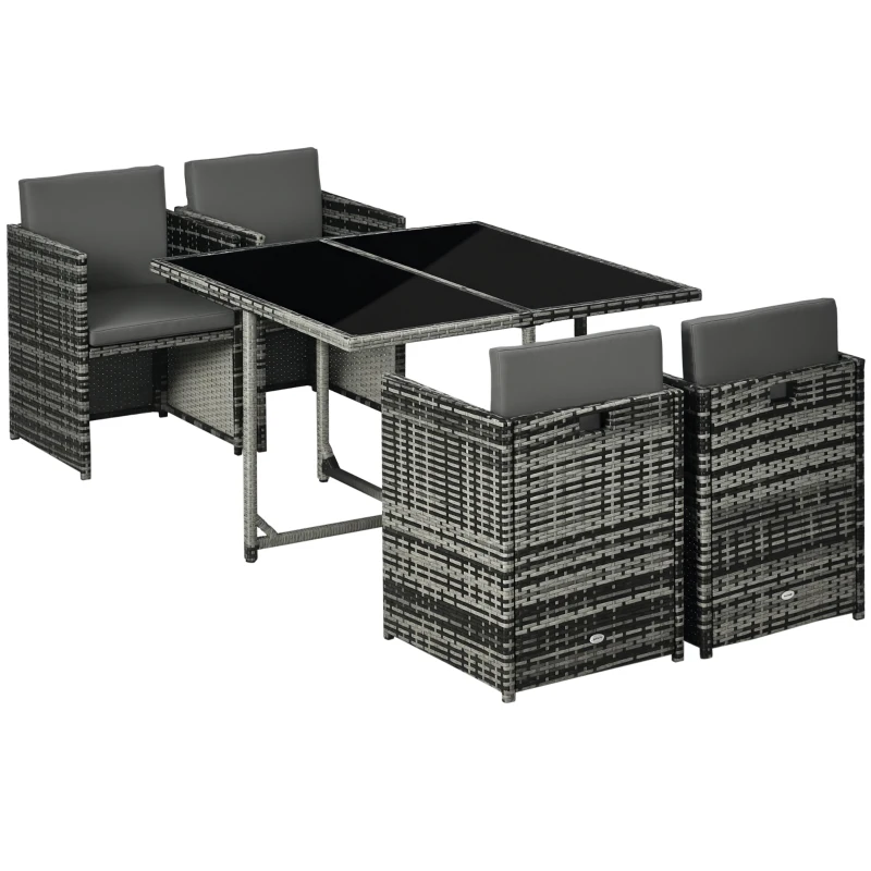 Outsunny 5 Pieces Wicker Patio Dining Set Outdoor Furniture Set with Removable Cushions, Glass Top Dining Table, PE Rattan Conversation Set for Garden Poolside Backyard, Grey