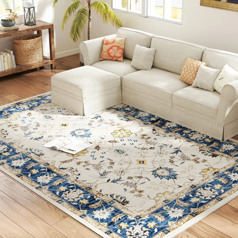 HOMCOM Machine Washable Area Rug 8x10, Non-Slip Boho Floral Print Floor Carpet for Living Room, Bedroom, Dining Room, Blue