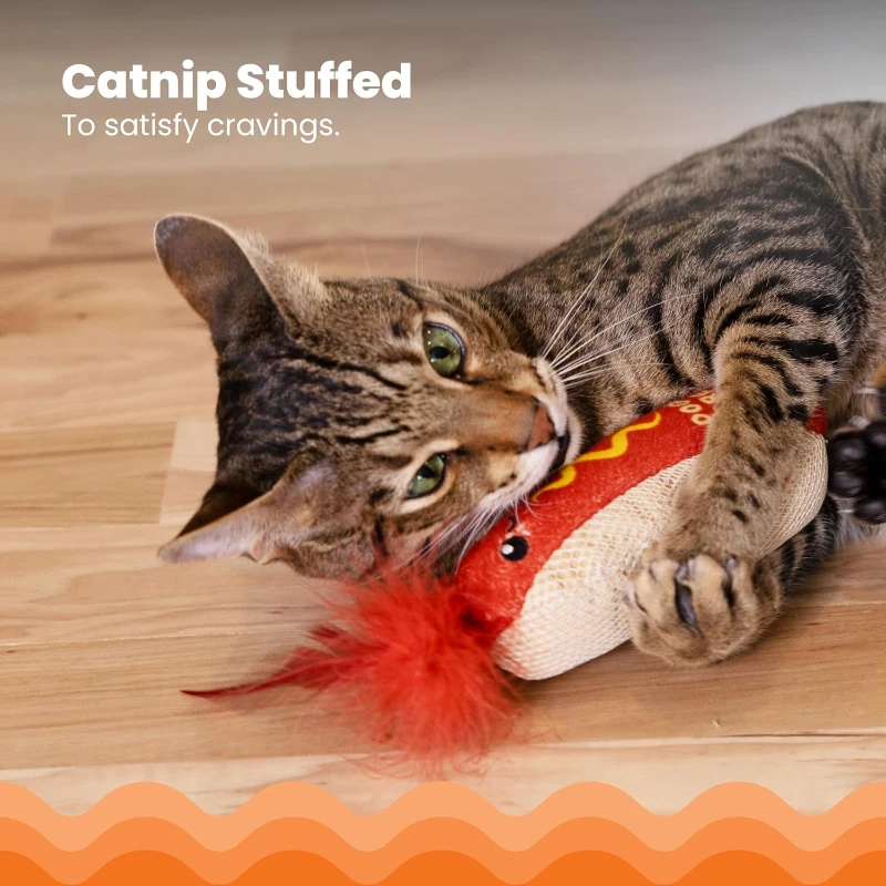 Catstages Hotdog Kicker Toy with Catnip, Dental Mesh, Plush and Feather Cat Toy for Kicking, Tossing, Teeth Cleaning, 2" L x 2" W x 6.5" H, Red