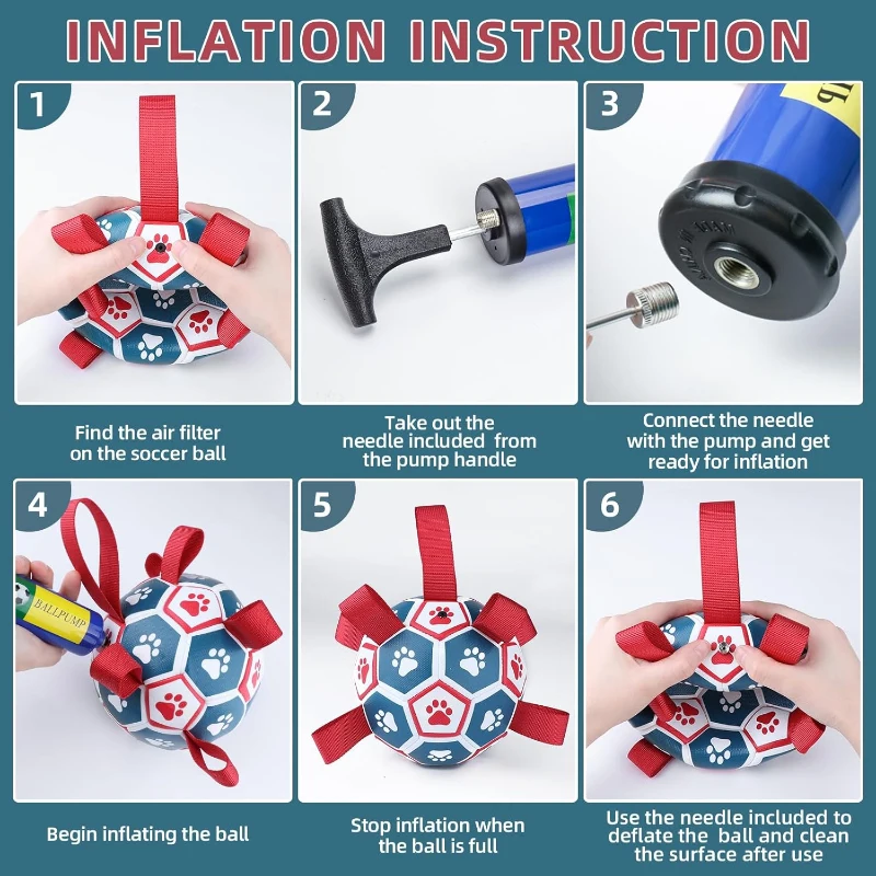 Dog Soccer Ball Toy with Straps, Interactive Water-Resistant Herding Ball for Small to Medium Dogs, 6" L x 6" W x 6" H, Blue+Red