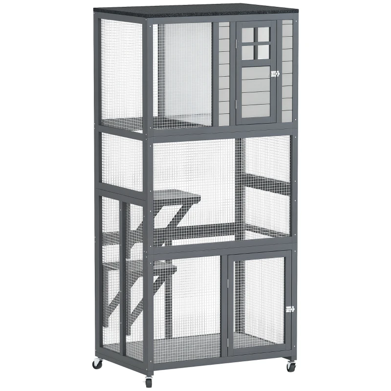 PawHut 74" Wooden Outdoor Cat House Catio with High Weight Capacity, Cat Cage Condo, Dark Gray