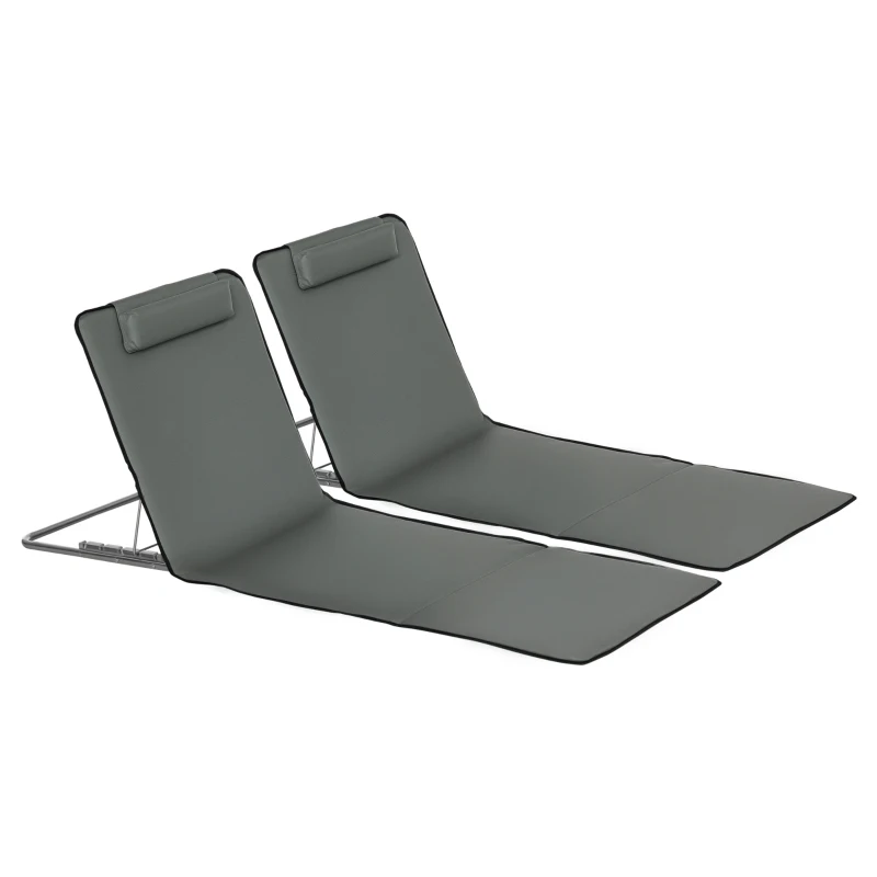 Outsunny Set of 2 Sun Lounger Beach Mat Folding Lounge Chair Mat with Adjustable Back Steel Frame Head Pillow Carry Bag Grey