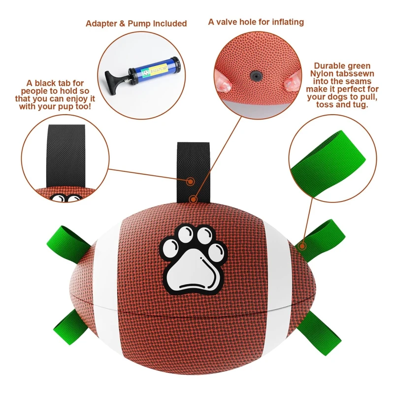 Dog Soccer Ball with Durable Water-Resistant Design, Interactive Tug-of-War Toy for Small and Medium Dogs, 8" L x 5" W x 5" H, Brown