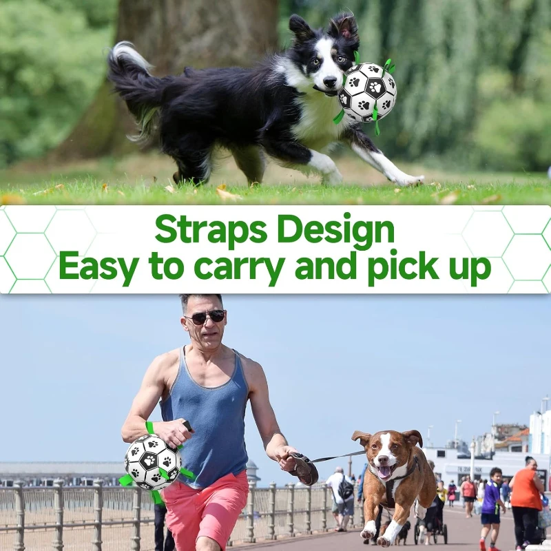 Durable Dog Soccer Ball with Straps, Interactive Water-Resistant Toy for Small to Medium Breeds, 6" L x 6" W x 6" H, Green+Black