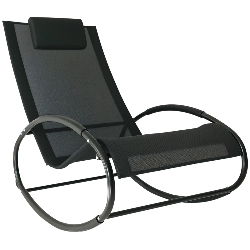 Outsunny Pool Lounger, Outdoor Rocking Lounge Chair for Sunbathing, Pool, Beach, Porch with Pillow & Cool Mesh, Sun Tanning Rocker, Black