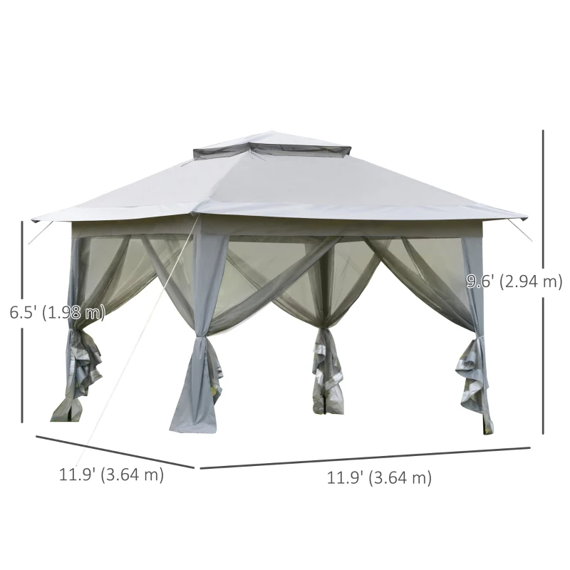 Outsunny 12' x 12' Foldable Pop-up Party Tent Instant Canopy Sun Shade Gazebo Shelter Steel Frame Oxford w/ Roller Bag, Light Grey