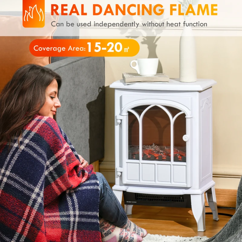 HOMCOM Electric Fireplace Stove, Freestanding Fireplace Heater with Realistic Flame, Adjustable brightness, Overheating Safety System, White