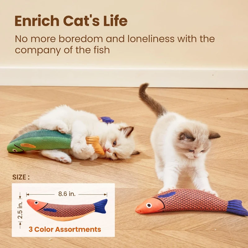 3-Pack Interactive Saury Fish Cat Toys with Catnip Crinkle Sound, Soft Plush Kicker for Indoor Exercise, 8.5" L x 2.5" W x 1.5" H, Multicolor