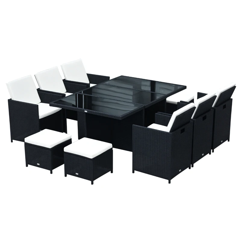 Outsunny 11 Pieces Wicker Patio Dining Set Outdoor Furniture Set with Removable Cushions, Glass Top Dining Table, PE Rattan Conversation Set for Garden Poolside Backyard, Black