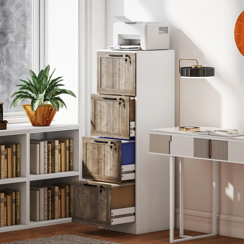 HOMCOM 4 Drawer Filing Cabinet, Farmhouse File Cabinet with Lock, Adjustable Hanging Rails for A4 Letter Size Files, White