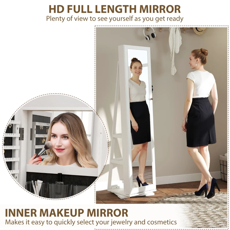 HOMCOM 360° Swivel Jewelry Armoire, Lockable Mirror Jewelry Cabinet with Built-In Small Mirror, White