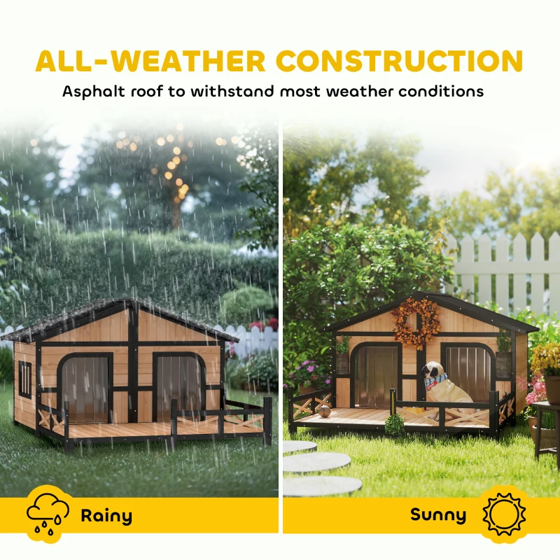 PawHut Dog House Outdoor, Wooden Dog Kennel Weatherproof with Porch, Openable Roof, Removable Bottom, Elevated Floor, Double Room for 2 Small to Medium Breeds, Natural(m-5)