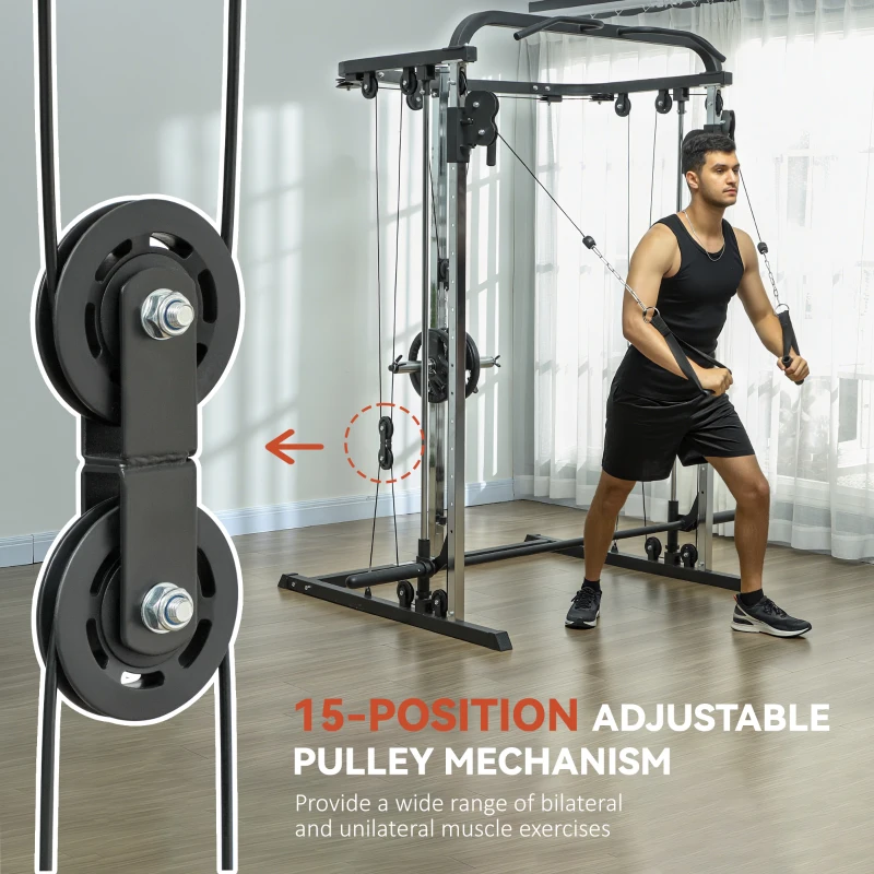 Soozier 3 In 1 Smith Machine Power Rack with Cable Crossover System, Pull up Station, 16-Level Squat Rack and Barbell Bar