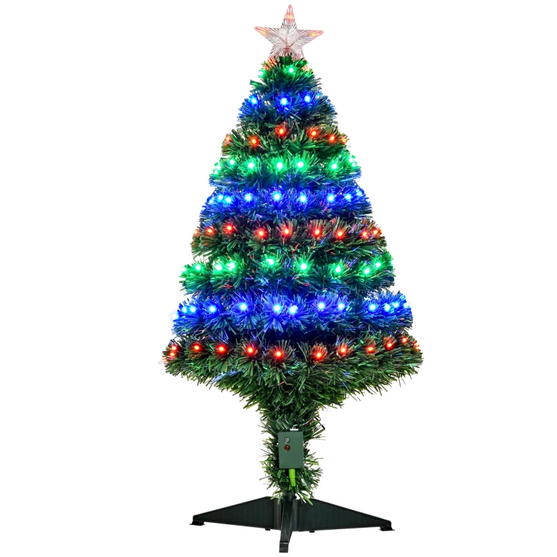 HOMCOM 3ft Tall Douglas Fir Pre-Lit Artificial Christmas Tree with Realistic Branches, 90 Multi-Color LED Lights, Fiber Optics and 90 Tips