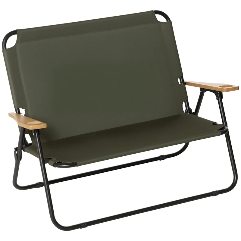 Outsunny Double Folding Chair, Loveseat Camping Chair for 2 Person, Portable Outdoor Chair with Wood Armrest for Fishing Travel, Green