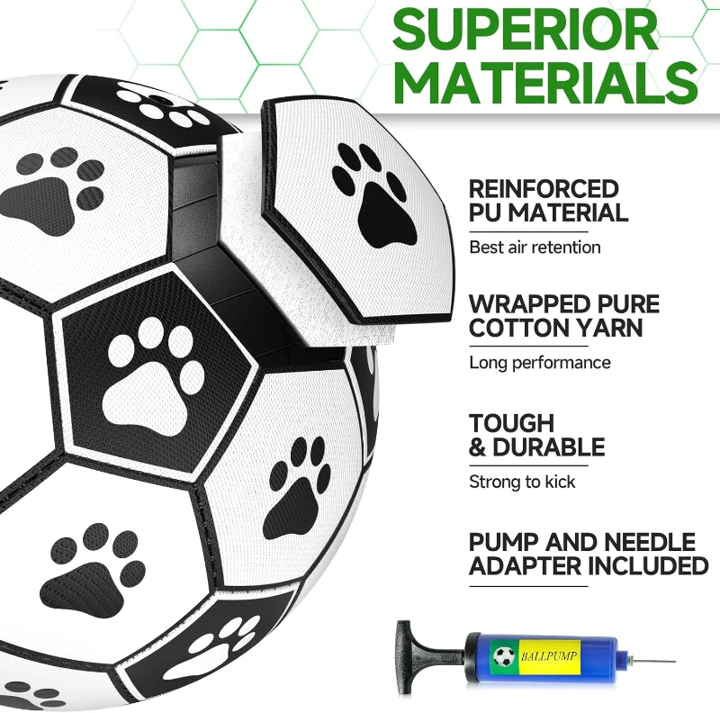 Durable Dog Soccer Ball with Straps, Interactive Water-Resistant Toy for Small to Medium Breeds, 6" L x 6" W x 6" H, Green+Black