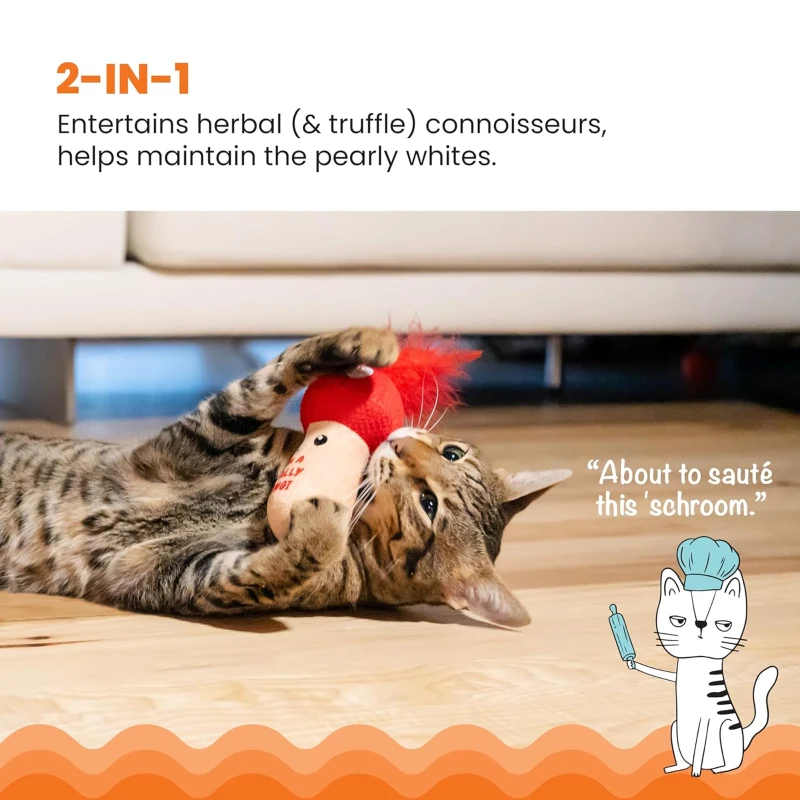 Catstages Mushroom Kicker Toy with Catnip, Dental Mesh, Plush and Feather Cat Toy for Kicking, Tossing, Teeth Cleaning, 3" L x 3" W x 5" H, Red