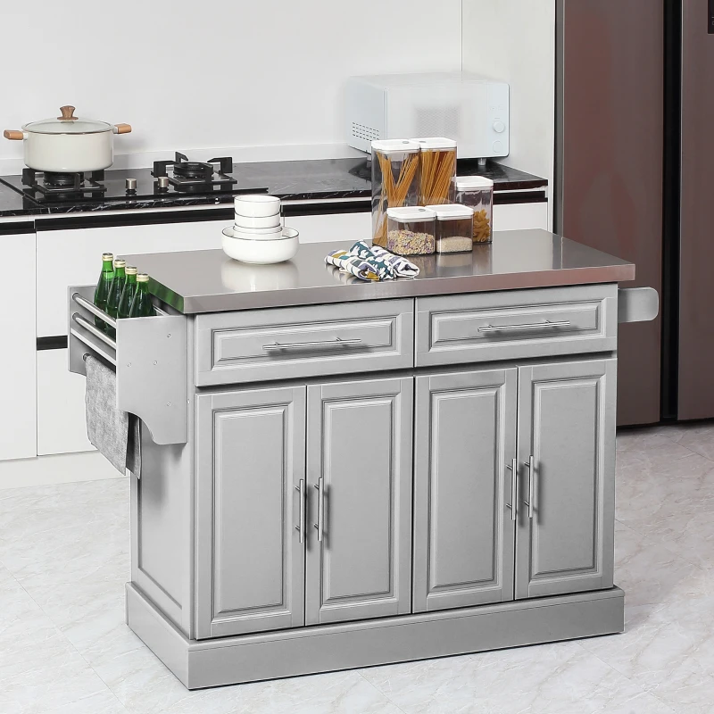 HOMCOM Rolling Kitchen Island Cart with Wheels, Portable Island Table for Kitchen with Stainless Steel Top, Adjustable Shelves, 2 Drawers, Spice, Knife and Towel Rack, Gray