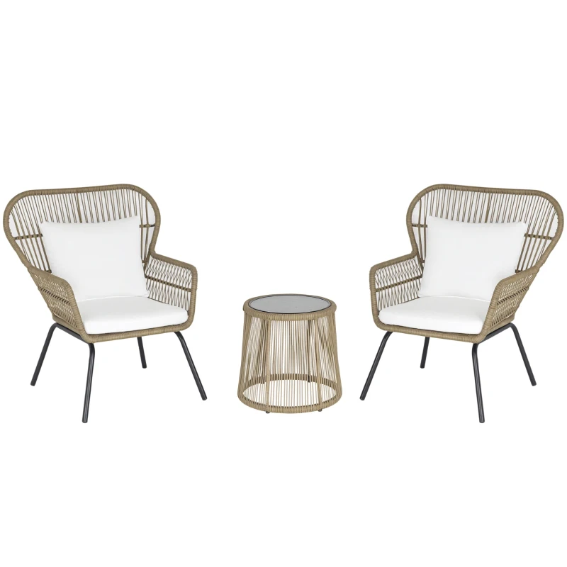 Outsunny 3 Pieces Wicker Patio Furniture Set, Rattan Bistro Set with Coffee Table and Cushions, Outdoor Conversation Set for Garden, Porch, Balcony, Coffee and White