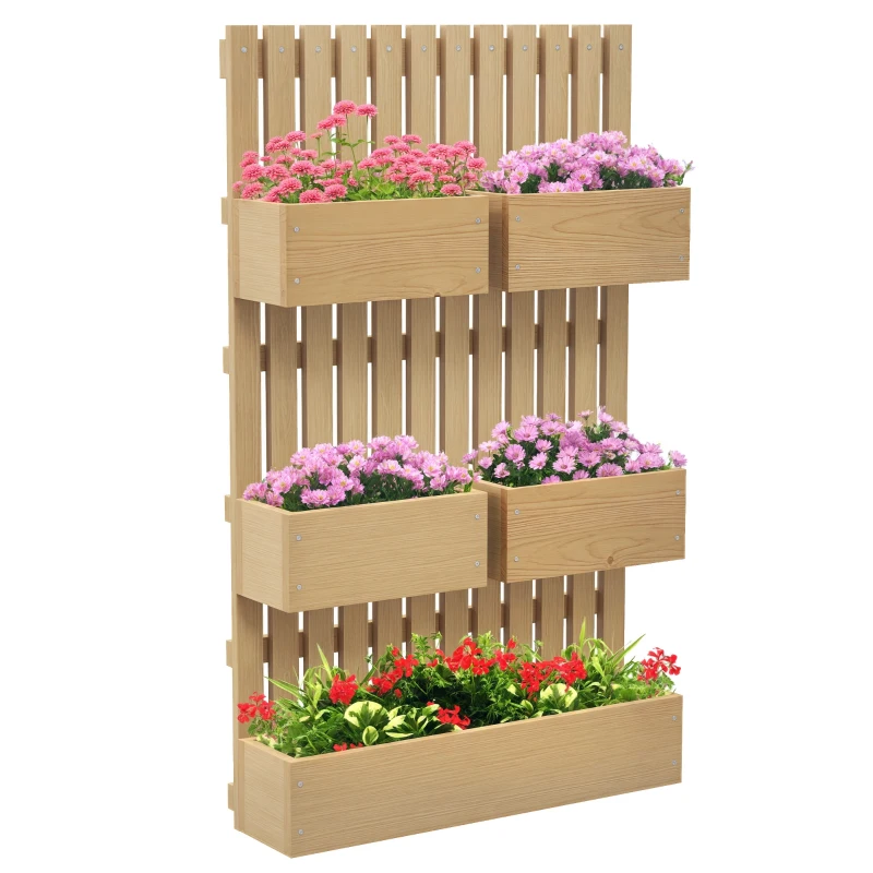 Outsunny 5 Box Raised Garden Bed w/ Trellis for Climbing Plants, Wall-Mounted Wood Planters w/ Drainage Holes, Natural
