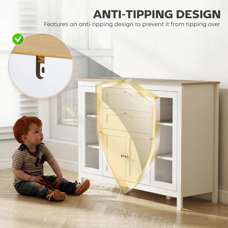 HOMCOM 47" Sideboard, Buffet Cabinet with Rubber Wood Top, Glass Door, Coffee Bar Cabinet, Kitchen Cabinet with Drawers, Adjustable Shelving for Living Room, White