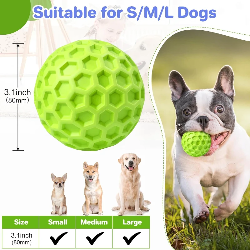 Indestructible Squeaky Dog Balls with High-Stretch Material, Honeycomb Texture, Tough Chew Toys for Large Breeds, 3" L x 3" W x 3" H, Green