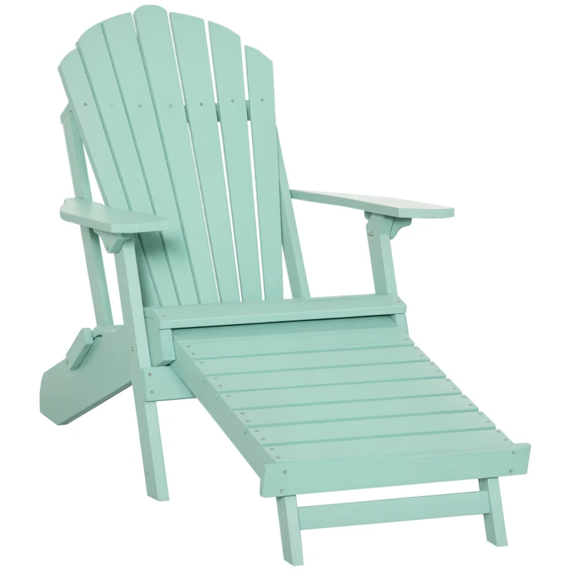 Outsunny Folding Adirondack Chair, Muskoka Chair with Pull-out Footrest, Outdoor Wooden Fire Pit Lounger for Patio, Porch, Poolside, Garden, Green