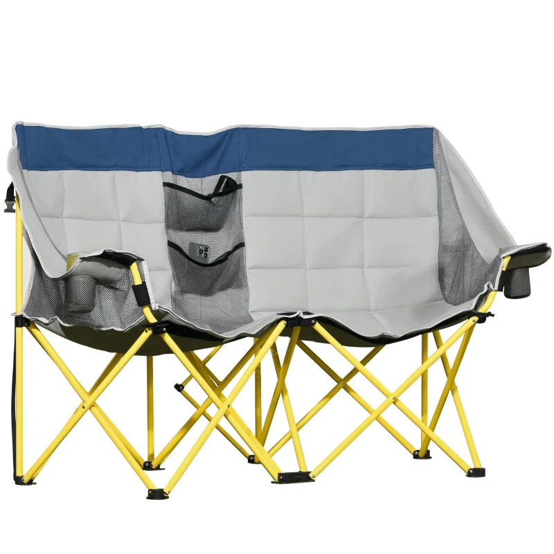 Outsunny 62" W Double Seat Camping Chair Folding Lawn Loveseat w/ Storage Pocket & Cup Holder Compact in a Bag for Outdoor, Beach, Picnic, Hiking, Travel, Navy Blue