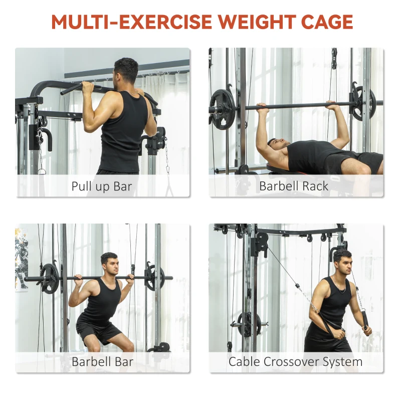Soozier 3 In 1 Smith Machine Power Rack with Cable Crossover System, Pull up Station, 16-Level Squat Rack and Barbell Bar