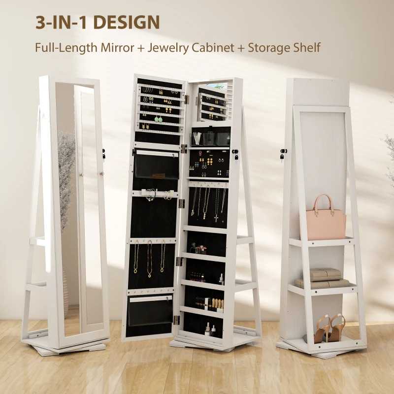 HOMCOM 360° Swivel Jewelry Armoire, Lockable Mirror Jewelry Cabinet with Built-In Small Mirror, White