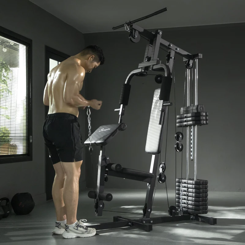 Soozier Home Gym Equipment Weight Training Machine, Multifunction Workout Machine with 143lbs Weight Stack for Full Body Workout and Strength Training, Black