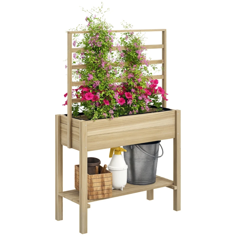 Outsunny Wooden Raised Garden Bed with Trellis, Outdoor Planter Box with Storage Shelf for Vegetables, Flowers, Herbs