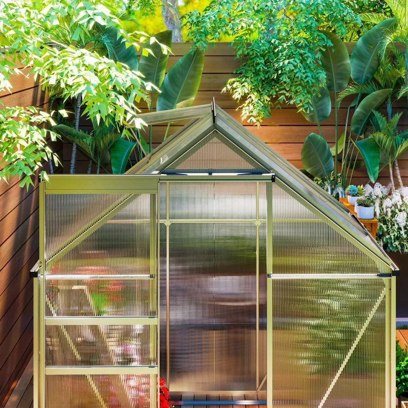 Outsunny 6' x 4' x 6.6' Walk-in Greenhouse, Polycarbonate Greenhouse with Adjustable Roof Vent, Base, Sliding Door, Clear